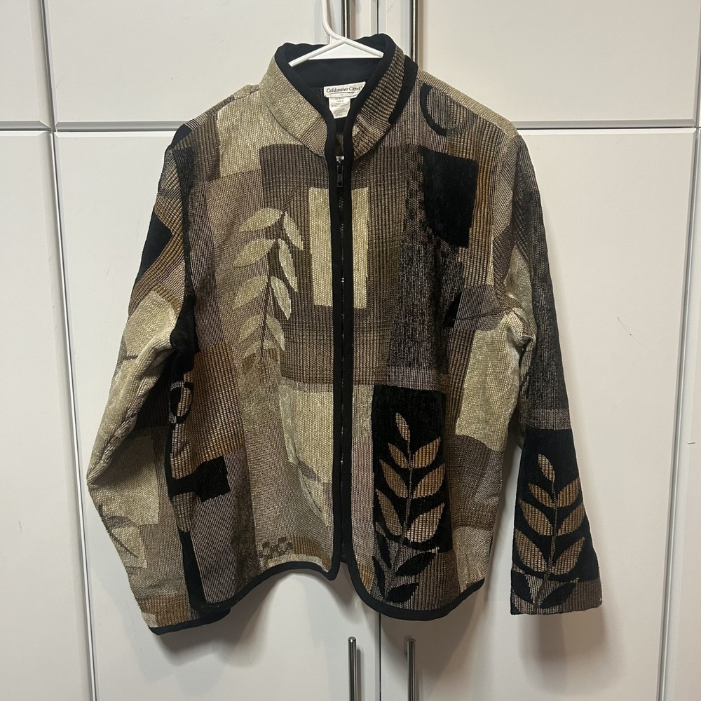 Coldwater Creek Womens L Tapestry Patchwork Zip Jacket Brown Tan Leaf Print